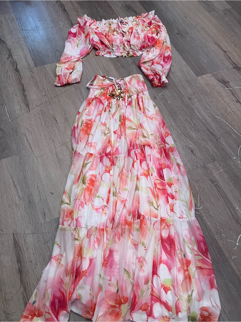 Floral Pink Off-Shoulder Two-Piece Maxi Dress